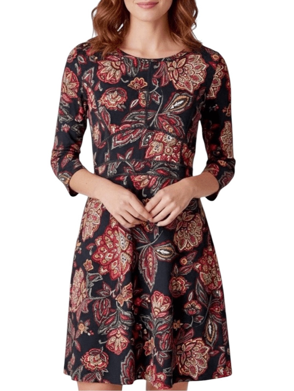 Title Nine Dream 3/4 Sleeve Dress Floral Black Red Gold Fit & Flare Sz M - Picture 2 of 11